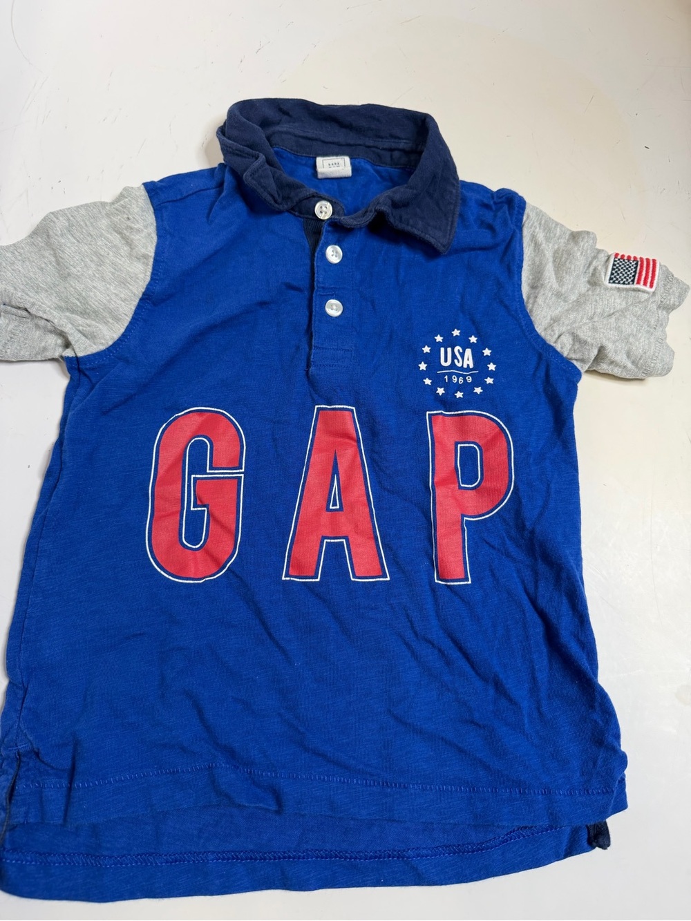GAP Blue Polo with Red Logo and Gray Sleeves